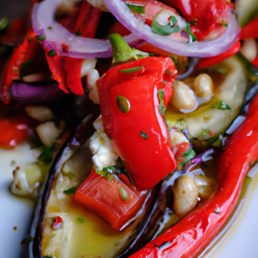 Grilled Aubergine Greek Salad with Peppadews